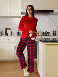 Pijama de manga larga con estampado de franela a cuadros y pantalones