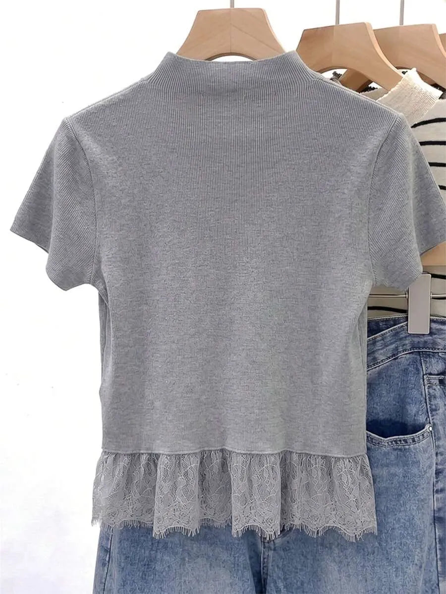 Blusa de punto con ribete de encaje