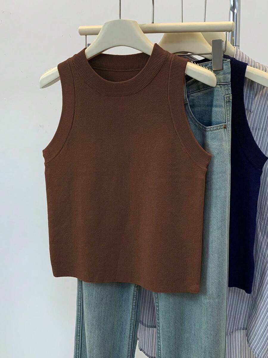Blusa de punto sin mangas de cuello redondo
