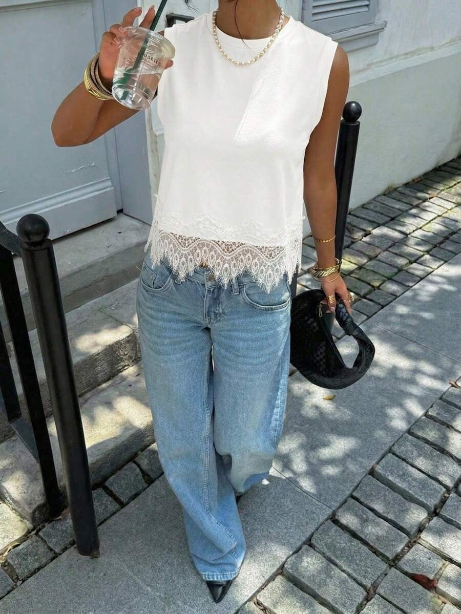 Camiseta sin mangas holgada con encaje