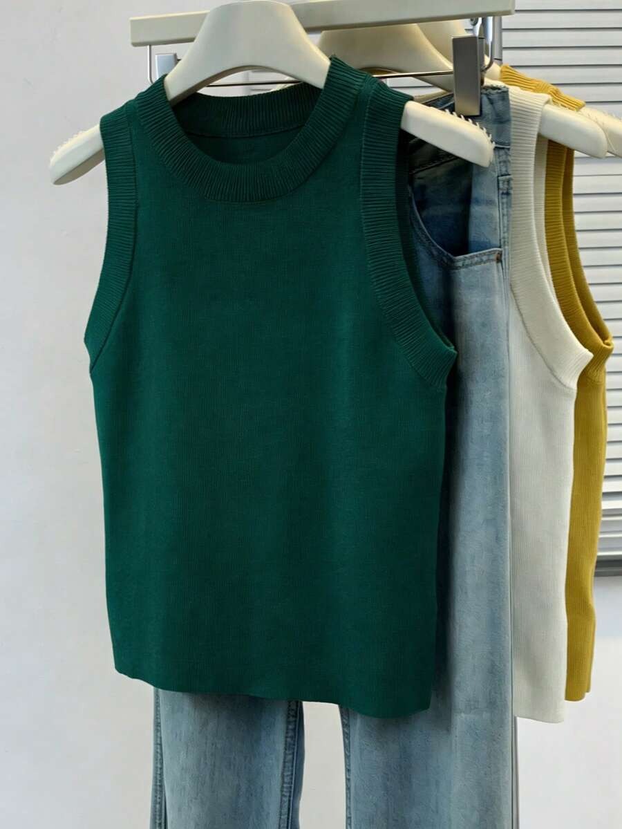 Blusa de punto sin mangas de cuello redondo