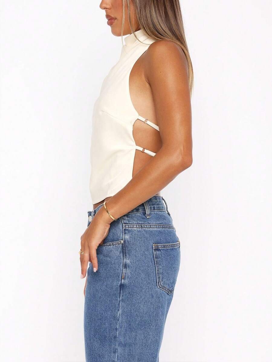 Top cuello halter de satén de espalda descubierta