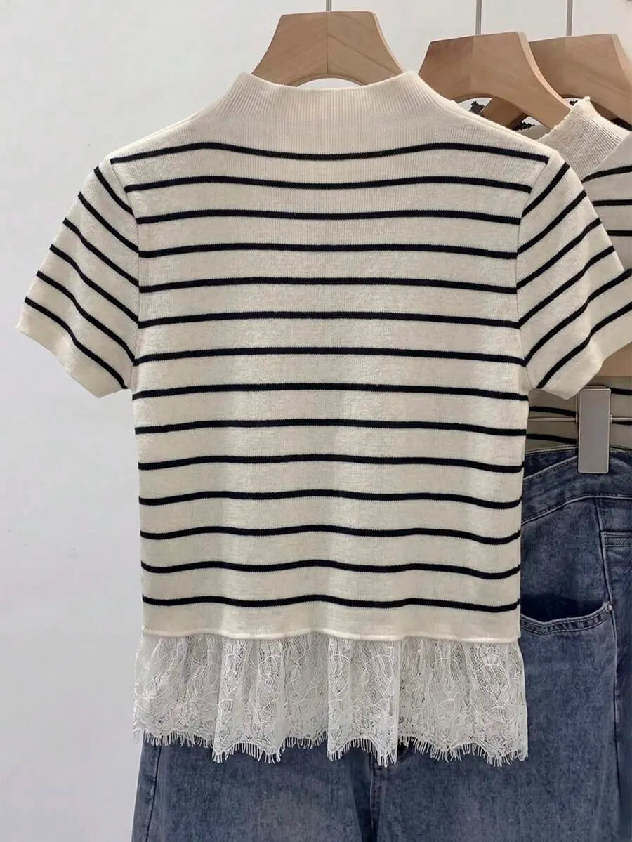 Blusa de punto con ribete de encaje