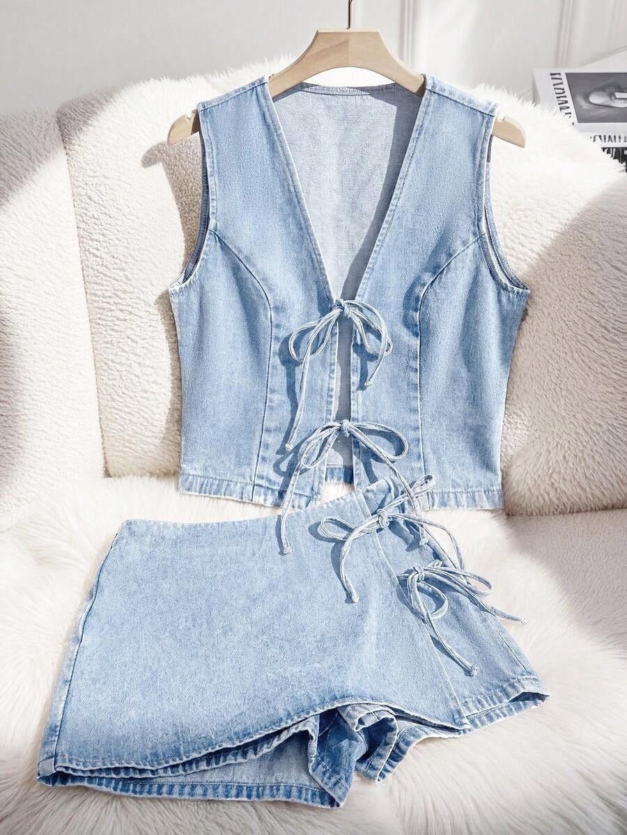 Conjunto denim casual con lazos delanteros