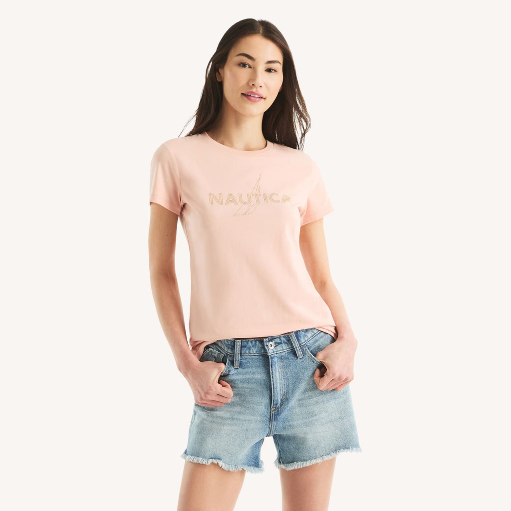 Franela cuello redondo con estampado de lentejuelas