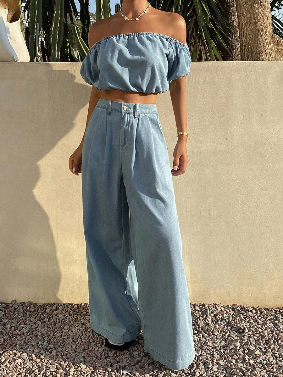 Conjunto denim casual de hombros descubiertos