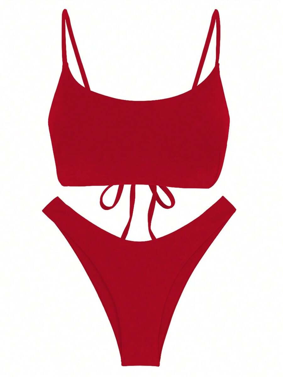 Bikini  sólido con tirantes de amarre y espalda descubierta