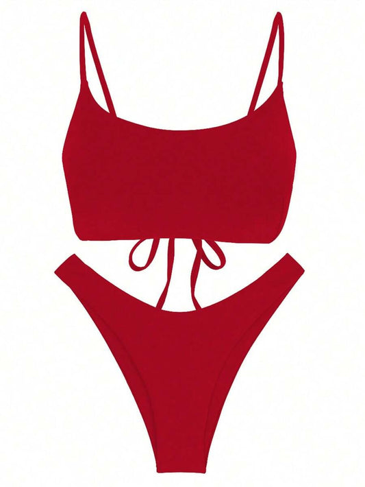 Bikini  sólido con tirantes de amarre y espalda descubierta