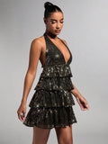 Vestido casual corto con espalda descubierta, lazo y decoración de lentejuelas