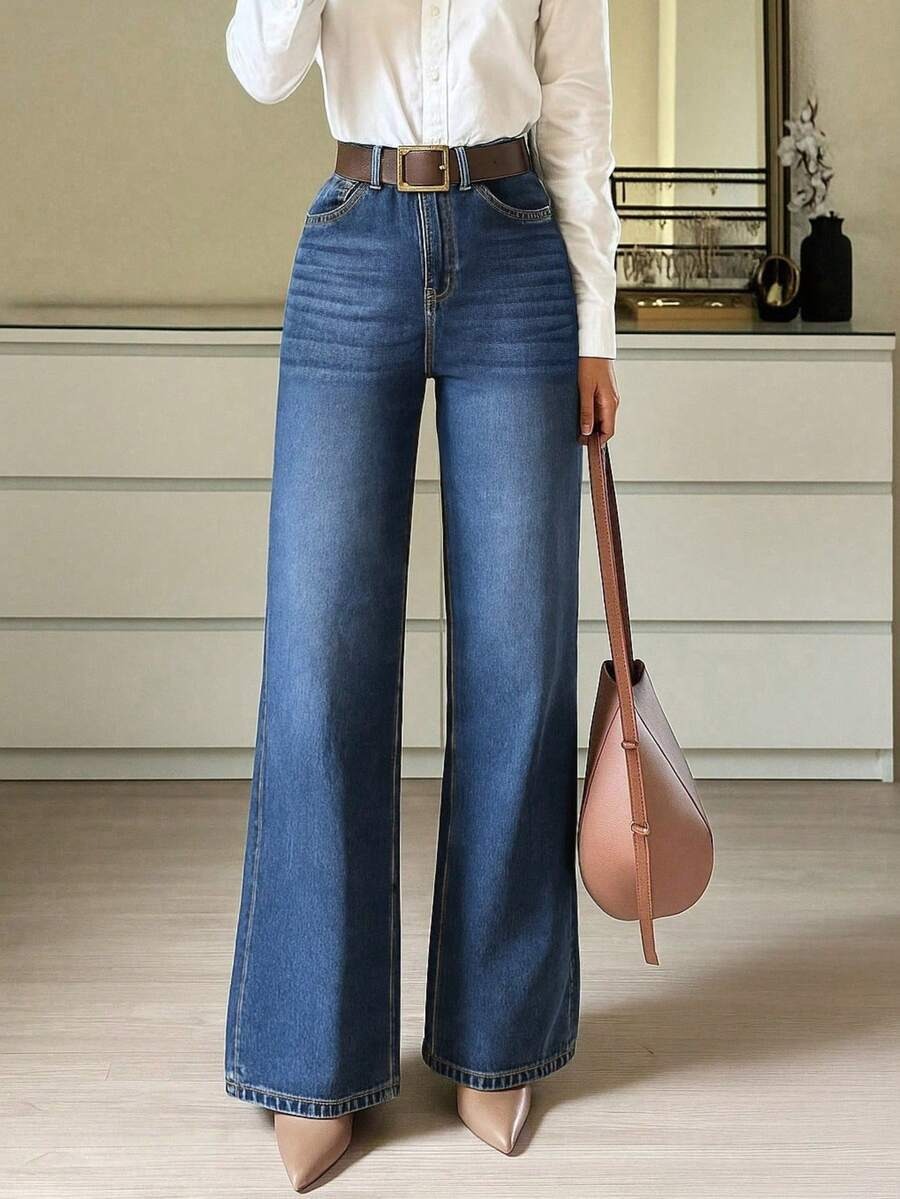 Jeans sueltos y anchos  de botón con letras