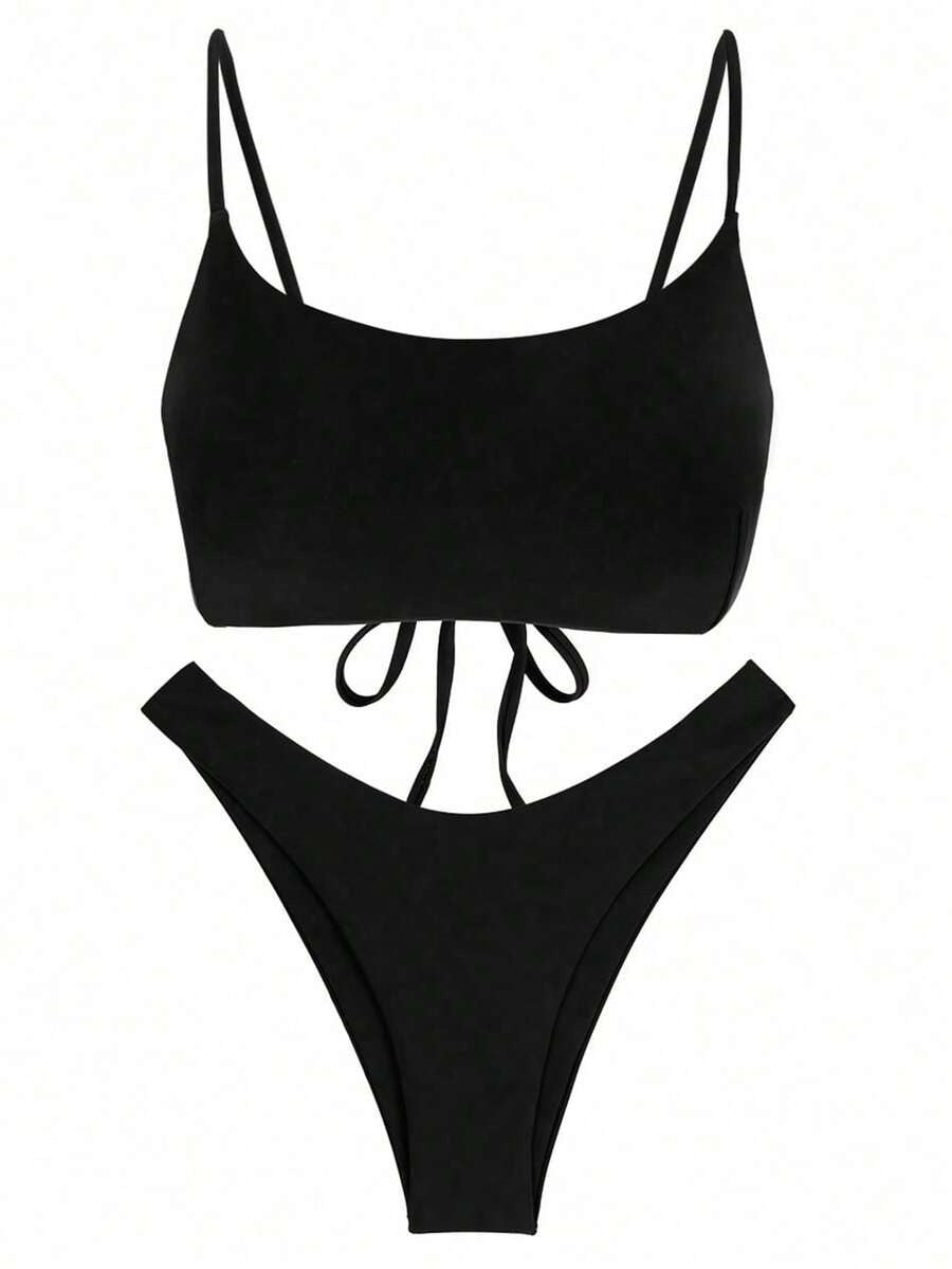 Bikini  sólido con tirantes de amarre y espalda descubierta