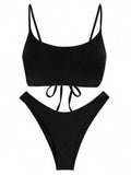 Bikini  sólido con tirantes de amarre y espalda descubierta