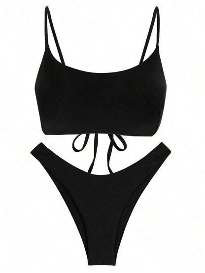 Bikini  sólido con tirantes de amarre y espalda descubierta
