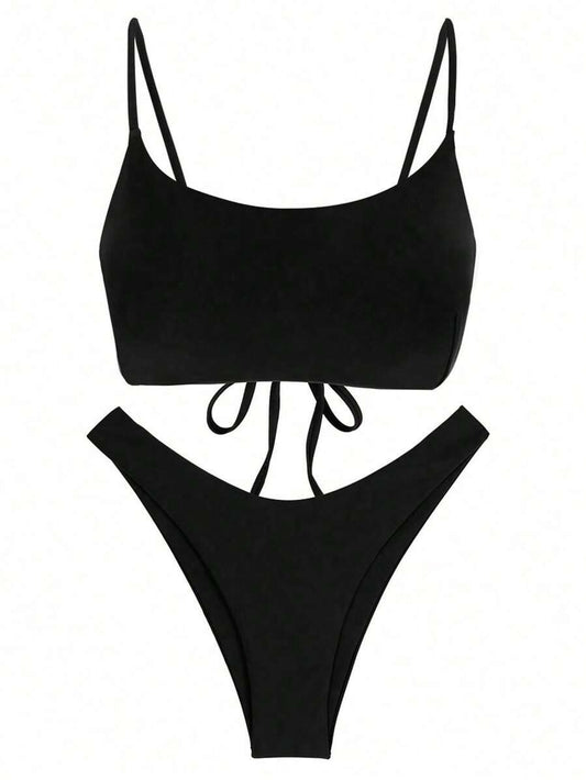 Bikini  sólido con tirantes de amarre y espalda descubierta