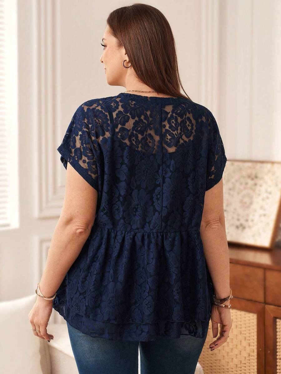 Blusa de encaje transparente de manga corta