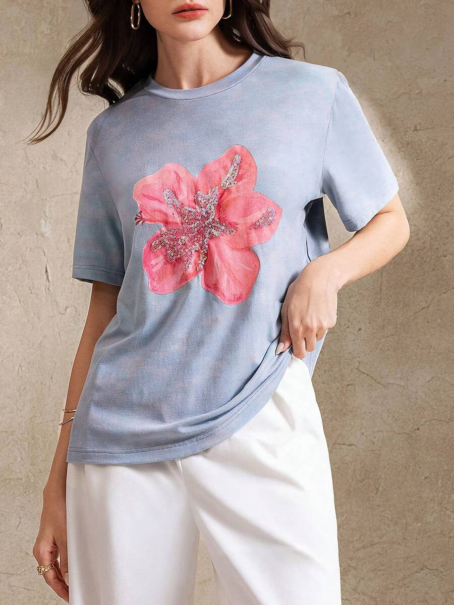 Franela estampado floral, bordado y cuentas