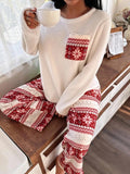 Pijama de felpa con bolsillo de color contrastante con diseño navideño de manga larga