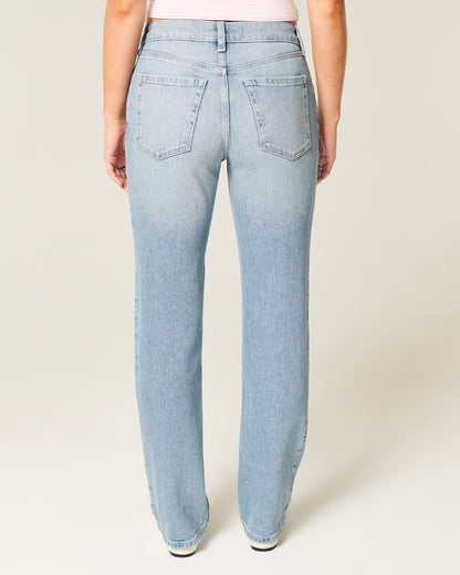 Jeans de tiro alto rectos con lavado claro desgastado