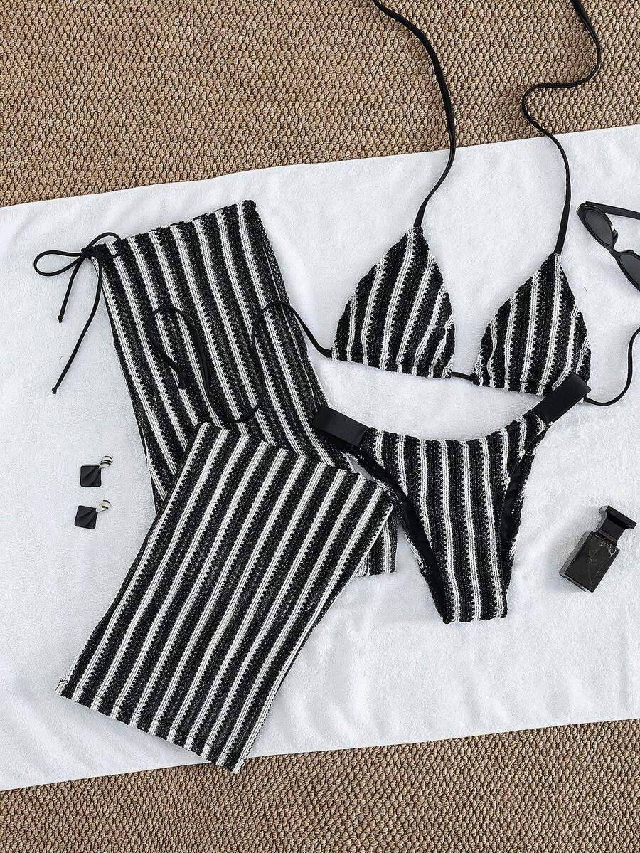 Conjunto de 3 piezas de bikini a rayas